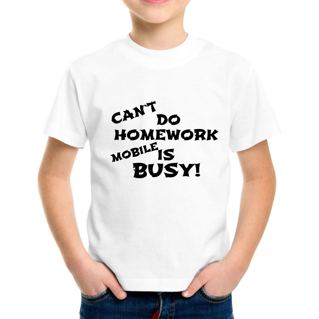Can`t Do Homework Mobile Is Busy Kids Regular Fit Letter Print Round Neck Tee, Casual Street Fashion Short Sleeve Crew Neck T-Shirt for Summer Spring, Fashion Top for Daily Wear