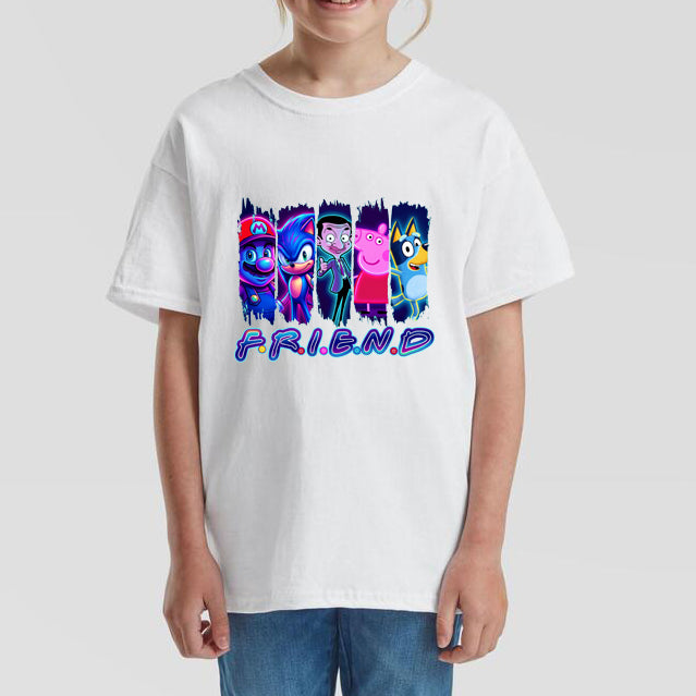 Cartoon Friend T-Shirt Kids Regular Fit DTF Full Colour Print High Quality Round Neck Tee, Casual Street Fashion Short Sleeve Crew Neck T-Shirt for Summer Spring, Fashion Top for Daily Wear (Copy)