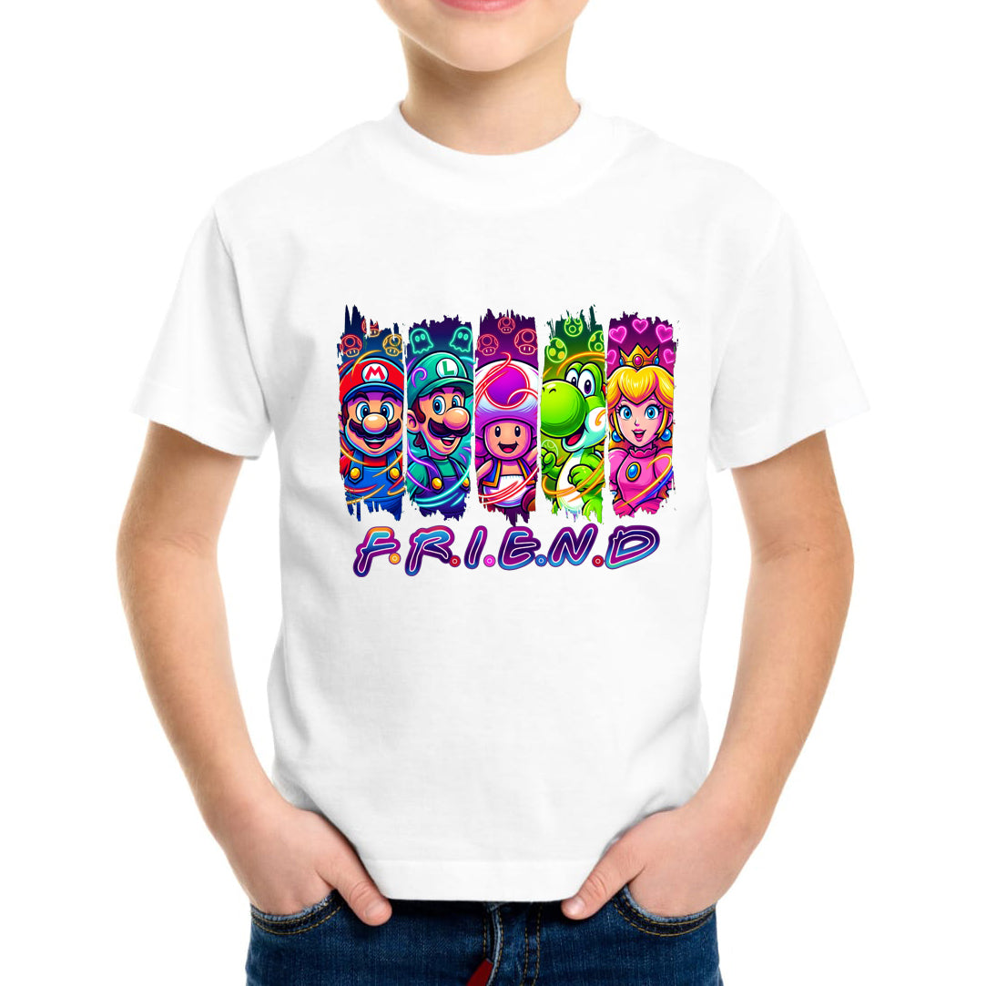 Mario Friend T-Shirt Kids Regular Fit DTF Full Colour Print High Quality Round Neck Tee, Casual Street Fashion Short Sleeve Crew Neck T-Shirt for Summer Spring, Fashion Top for Daily Wear