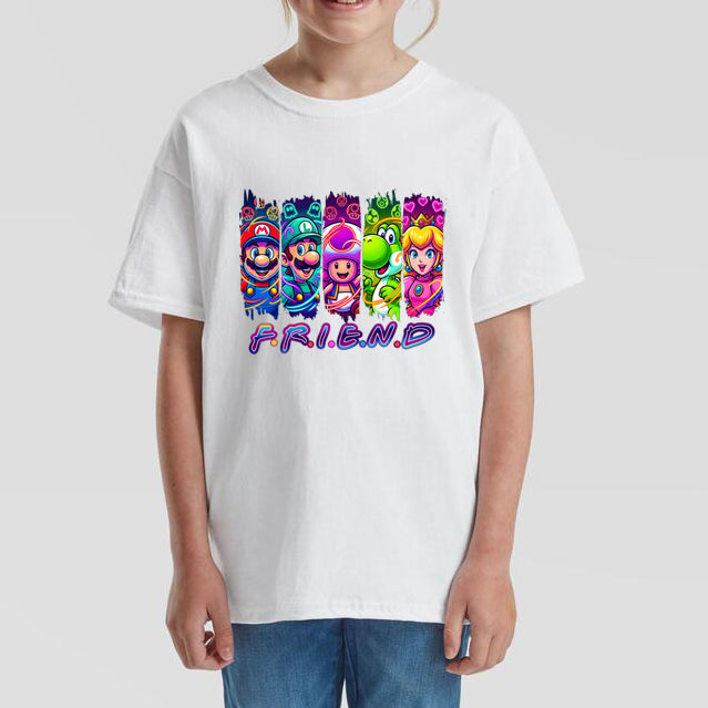 Mario Friend T-Shirt Kids Regular Fit DTF Full Colour Print High Quality Round Neck Tee, Casual Street Fashion Short Sleeve Crew Neck T-Shirt for Summer Spring, Fashion Top for Daily Wear