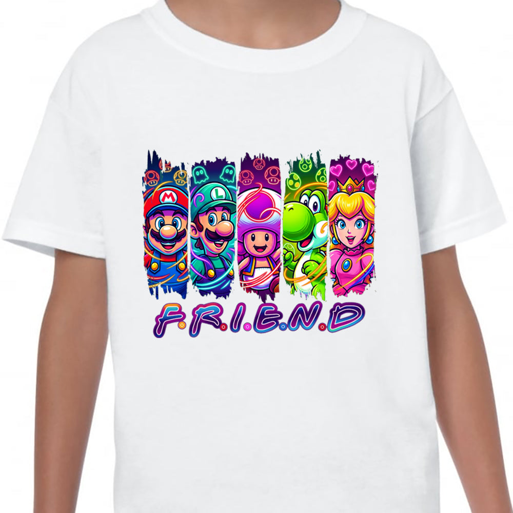 Mario Friend T-Shirt Kids Regular Fit DTF Full Colour Print High Quality Round Neck Tee, Casual Street Fashion Short Sleeve Crew Neck T-Shirt for Summer Spring, Fashion Top for Daily Wear